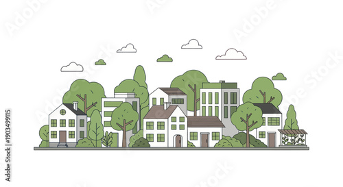 Modern Cityscape with Green Trees and Buildings, Flat Design Illustration