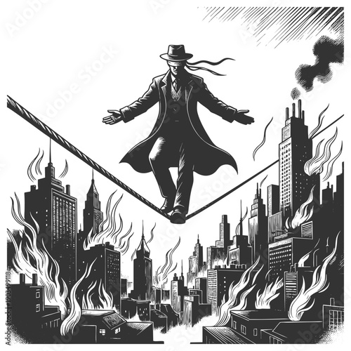 blindfolded man in a suit walking a tightrope above a city engulfed in flames and chaos sketch engraving generative ai fictional character vector illustration. Scratch board. Black and white image.