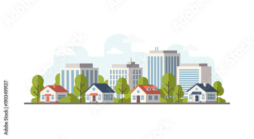 Flat illustration of suburban houses with modern cityscape background