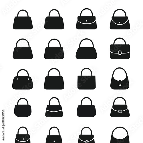 A collection of sixteen black silhouette handbag icons arranged in a four by four grid