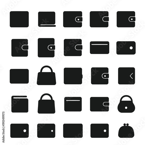 A collection of black silhouette icons depicting various wallets purses and security items high quality
