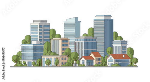 Modern Cityscape with Skyscrapers and Houses, Green Trees, Flat Design