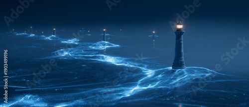 Series of lighthouses emit guiding lights over digital ocean, resembling mouse cursor. scene is illuminated with blue glow, creating futuristic and serene atmosphere