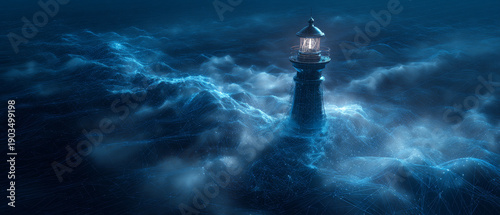 Lighthouse stands amidst digital sea, its light guiding through network of glowing lines resembling waves. scene is enveloped in serene, blue hue, creating futuristic atmosphere