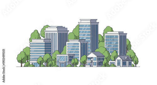Modern Cityscape with Greenery: Diverse Buildings and Trees Illustration