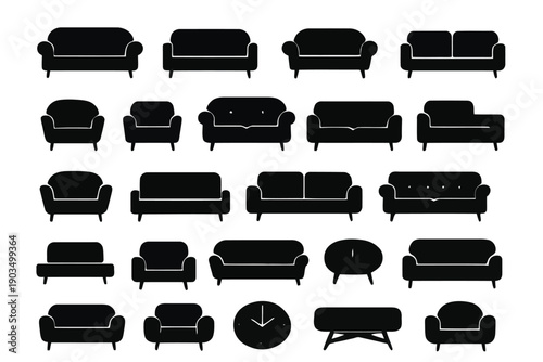 Collection of black silhouette furniture including various sofas armchairs and decorative elements high quality professional