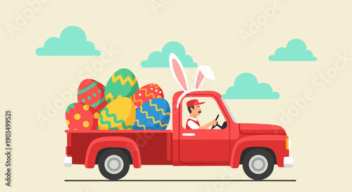 Illustration of a red pickup truck delivering Easter eggs, with a driver wearing bunny ears and blue clouds in the background