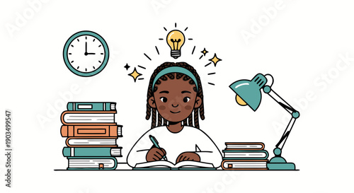 Young Black Girl Studying at a Desk with Books, Lamp, and Clock - Illustration
