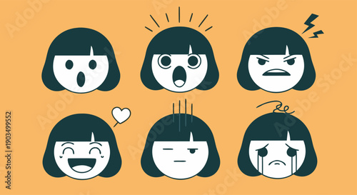 Cute Cartoon Girl Emoticon Set Featuring Various Emotions Like Joy, Sadness, Anger, and Surprise