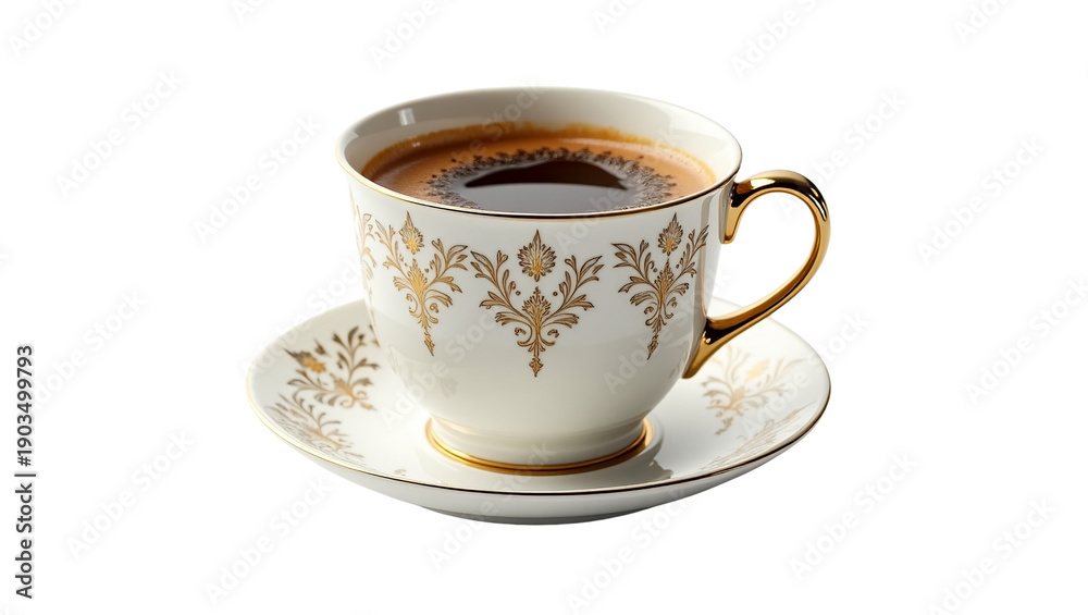 Fototapeta premium A delicate porcelain cup filled with coffee, adorned with gold patterns, sitting on a matching saucer, viewed from the side.