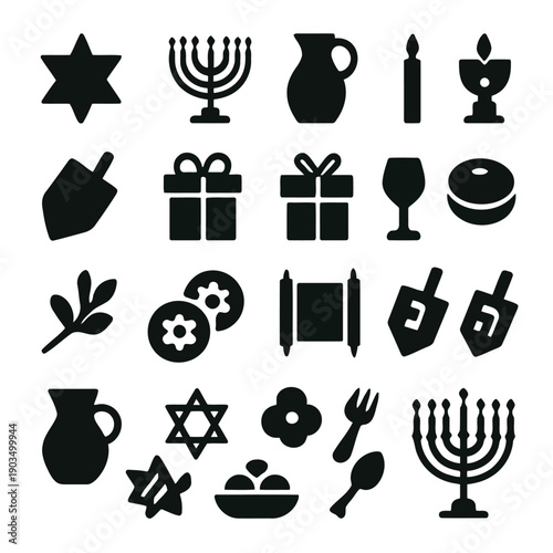 A collection of black silhouettes depicting jewish symbols ritual objects and celebratory items high quality