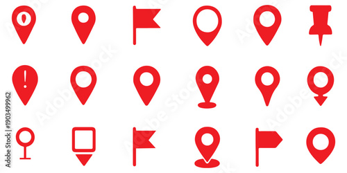 Map pin icon vector set, location symbol for maps, navigation apps, GPS services, travel, directions, geographic markers, and location-based interface design