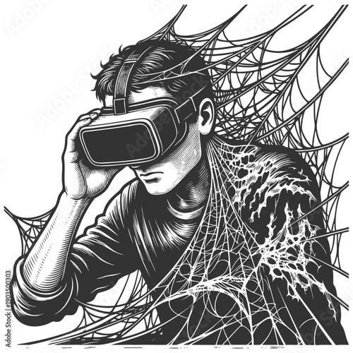 man wearing VR goggles, with half his body transforming into a digital skeleton structure sketch engraving generative ai vector illustration. Scratch board imitation. Black and white image.