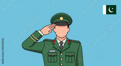 Military man in green uniform saluting with pakistan flag background symbolizing respect and patriotism in a simple digital illustration