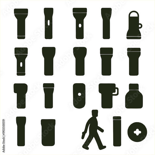 A collection of black silhouettes depicting various flashlights and a miniature human figure high quality