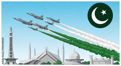 Military jets flying over buildings with green and white smoke and pakistan flag