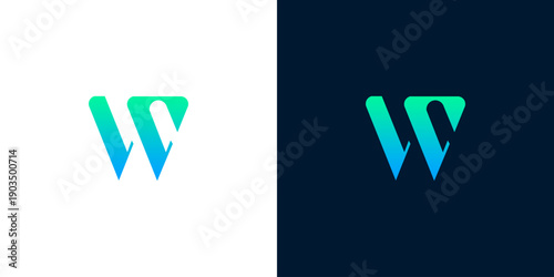 Minimalist abstract letter W logo design with a gradient blue-green transition on white and dark backgrounds, elegant typography concept
