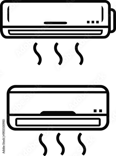 Minimal air conditioner icons showing heating and cooling modes, modern HVAC wall units illustration for climate control, ventilation, and home temperature concept