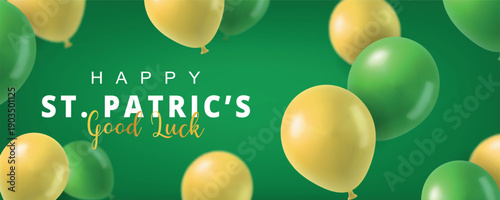 St. Patricks Day banner with floating yellow and green balloons. Festive good luck greeting card