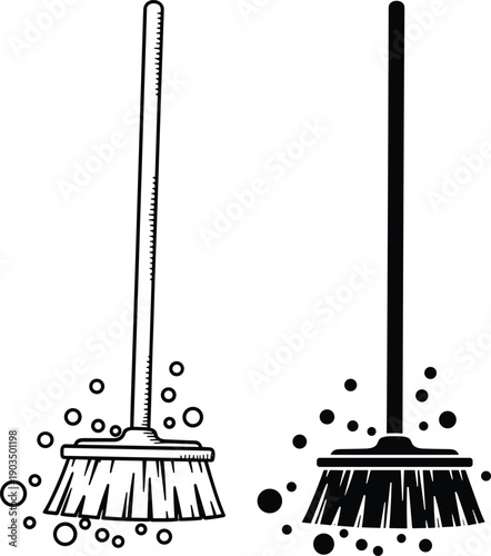 Minimal broom icon illustration in black and white, cleaning tool symbol design for housekeeping, sanitation services, household chores, and maintenance concepts