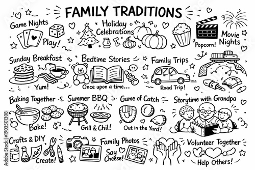 Family traditions illustration with holiday celebrations and game nights