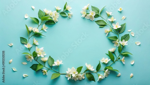 Floral Wreath of Delicate White Blossoms Arranged on a Light Blue Background
