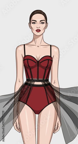 Elegant Woman in a Stylish Red and Black Lace Lingerie Set with Flowing Sheer Fabric Fashion Illustration