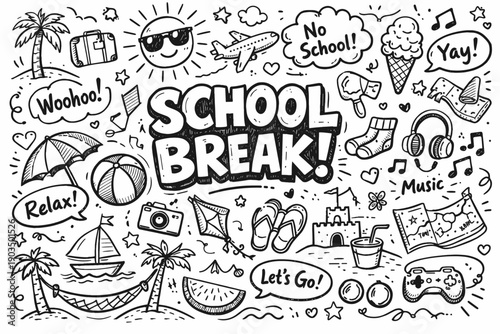 Fun school break doodle with summer vacation elements and activities