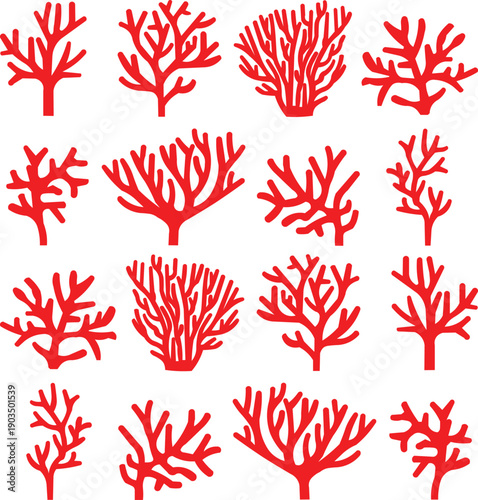Collection of various red coral silhouettes on a white background, showcasing diverse branching patterns and forms.