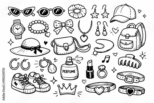 Fashion accessories: hat, shoes, jewelry, perfume, bags, sunglasses, caps, watch, makeup