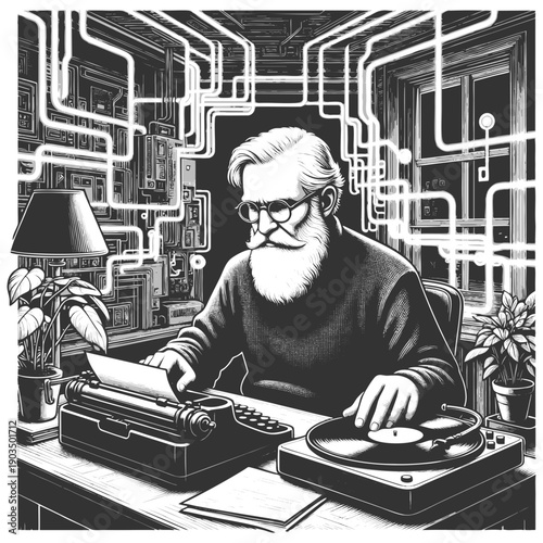 older man using a typewriter, surrounded by analog devices and tangled wires in a tech-heavy space sketch engraving generative ai vector illustration. Scratch board. Black and white image.