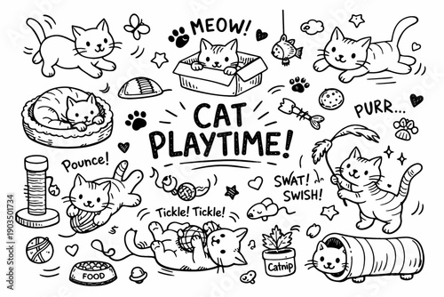 Playful cats doodling with toys and activities