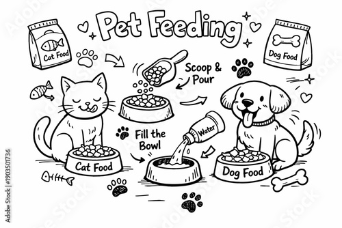 Pet feeding guide: cartoon cat and dog enjoying mealtime