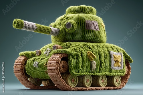 Knitted green military tank toy made of wool yarn. Soft crochet weapon. Anti-war, peace, demilitarization and safety concept. Handmade craft art on dark background
