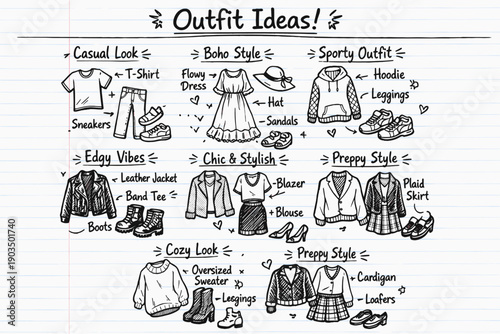Fashion outfit ideas with casual, boho, sporty, edgy, chic, and preppy styles illustrated