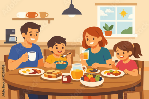 Happy family enjoying breakfast together in a cozy kitchen setting