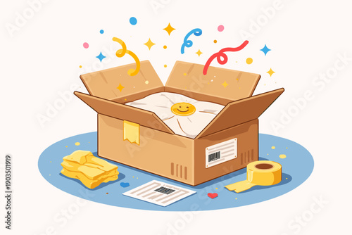 Celebratory open box with confetti, stars, and smiling gift inside