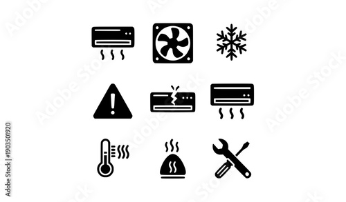 Air conditioner and cooling trouble solid icon set vector with HVAC repair warning and temperature symbols isolated on white background