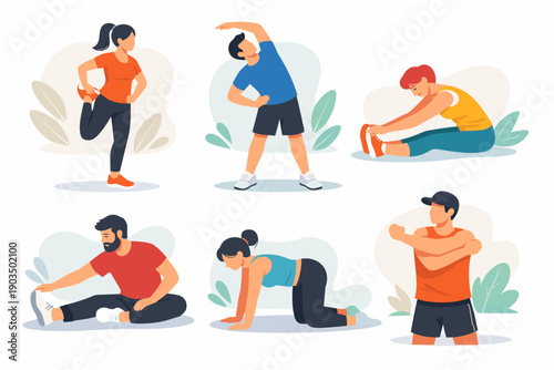 Diverse group of adults performing various stretching exercises outdoors