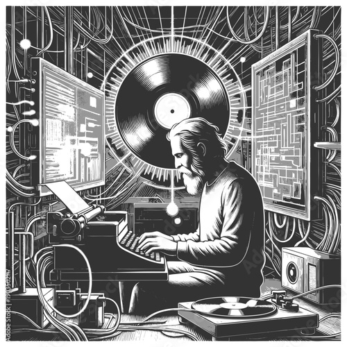 older man using a typewriter, surrounded by analog devices and tangled wires in a tech-heavy space sketch engraving generative ai vector illustration. Scratch board. Black and white image.