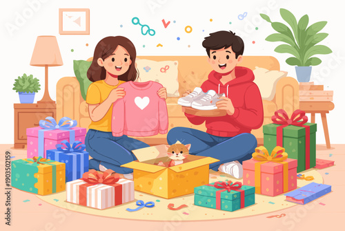 Joyful young caucasian couple unboxing gifts with kitten at home celebration