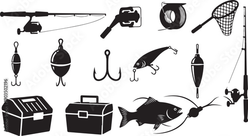 Fishing equipment and tackle icons in black and white