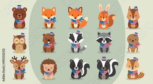 Cute Woodland Animals Wearing Patriotic American Flags.