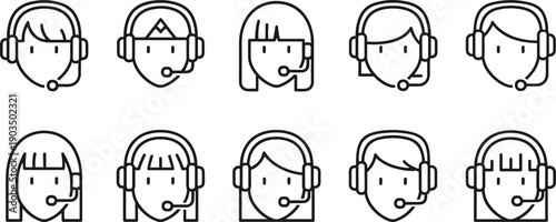 Customer Service Support Agent Icon Set Featuring Male and Female Call Center Operators with Headsets for Help Desk Assistance and Online Technical Communication Design