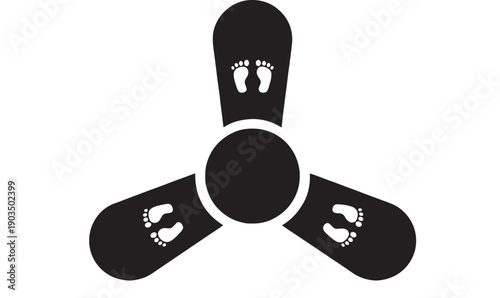 Footprints icon set with three black oval shapes and tiny baby steps, minimal flat silhouette design for tracking, navigation, walkway signage and mobility direction symbols
