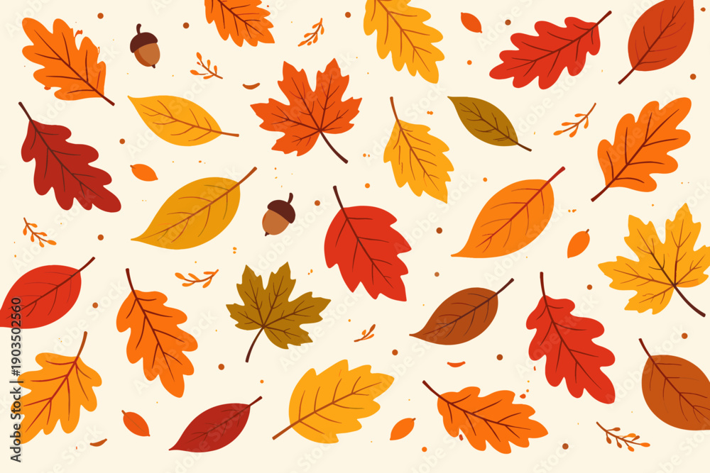 Obraz premium Autumn leaves and acorns pattern on cream background