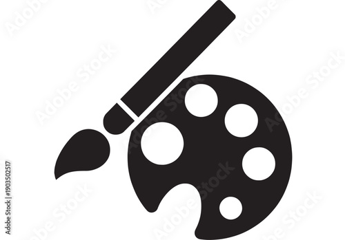 Paint palette icon with artist brush silhouette, black minimal pictogram for art studio, painting class, creative design apps, web UI buttons, and logo use