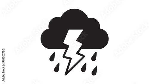 Cloud thunderstorm icon with lightning bolt and rain drops, black weather pictogram silhouette for forecast UI, app button, alert symbol, minimal flat vector style