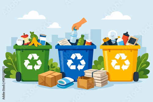 Eco-friendly waste management: sorting recyclables into green, blue, and yellow bins