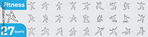 Set of 27 fitness icon's black and white outline vector illustration, a versatile collection of graphic elements depicting various human exercise activities